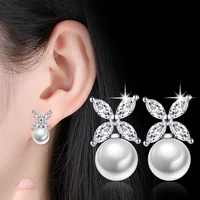 100 925 sterling silver shiny cz zircon ladies stud earrings flower pearl women jewelry gift drop shipping female