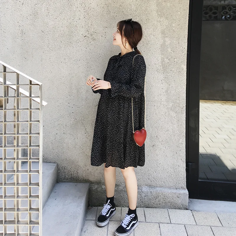 Moms Black Print Dot Chiffon Maternity Clothes for Pregnant Women Lactation Dress Knee-Length Breastfeeding Dresses Spring | Мать и