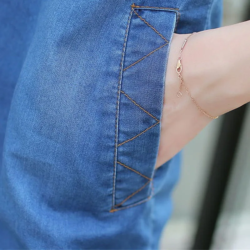 

New Summer A word Denim Dress Women's Fashion Casual V collar Short sleeve Dress Elegant Women Add Cotton Loose waist Dress A48