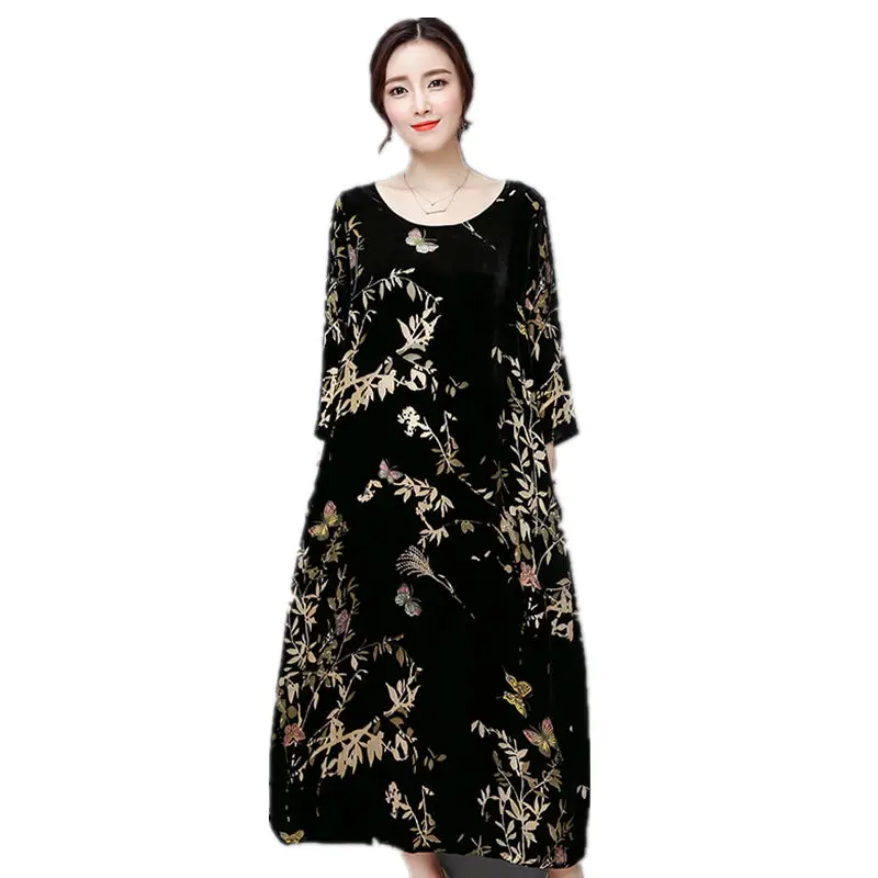 Plus Size 4XL Vintage Autumn Winter Dress Women Retro Print Gold Velvet Long Fashion T-Shirt Dresses RE2198 | Женская одежда