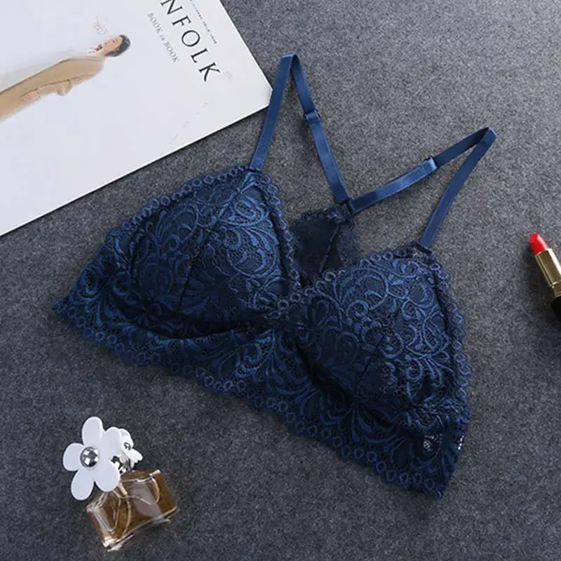 Blinvas Bra Wire Free Bras For Women Thin Cotton Lace A42 Black White Y-line Straps None Closure BH Sexy Bras For Women BH - Цвет: Blue