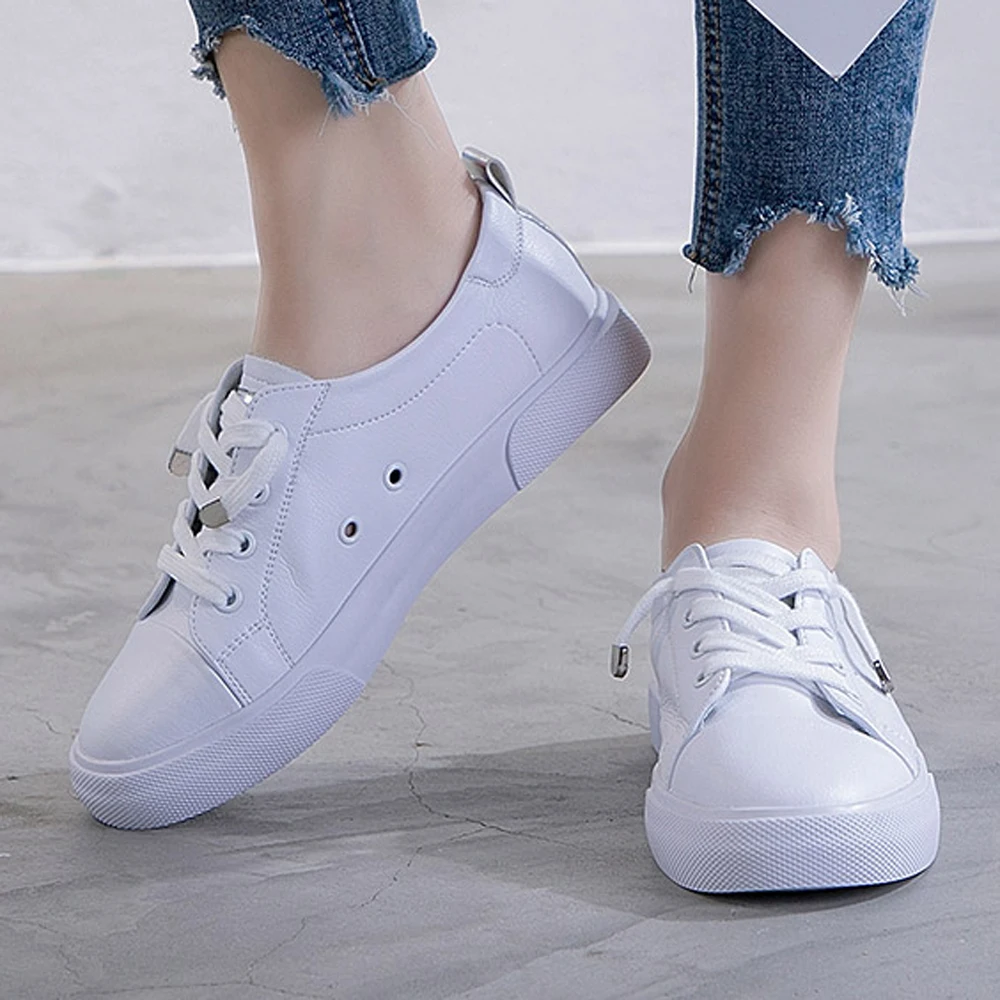 

ANNYMOLI Shoes Women Geunine Leather Flat Sneakers Round Toe Lace Up Flats Female Summer Footwear White Shoes Size 35-39 2019