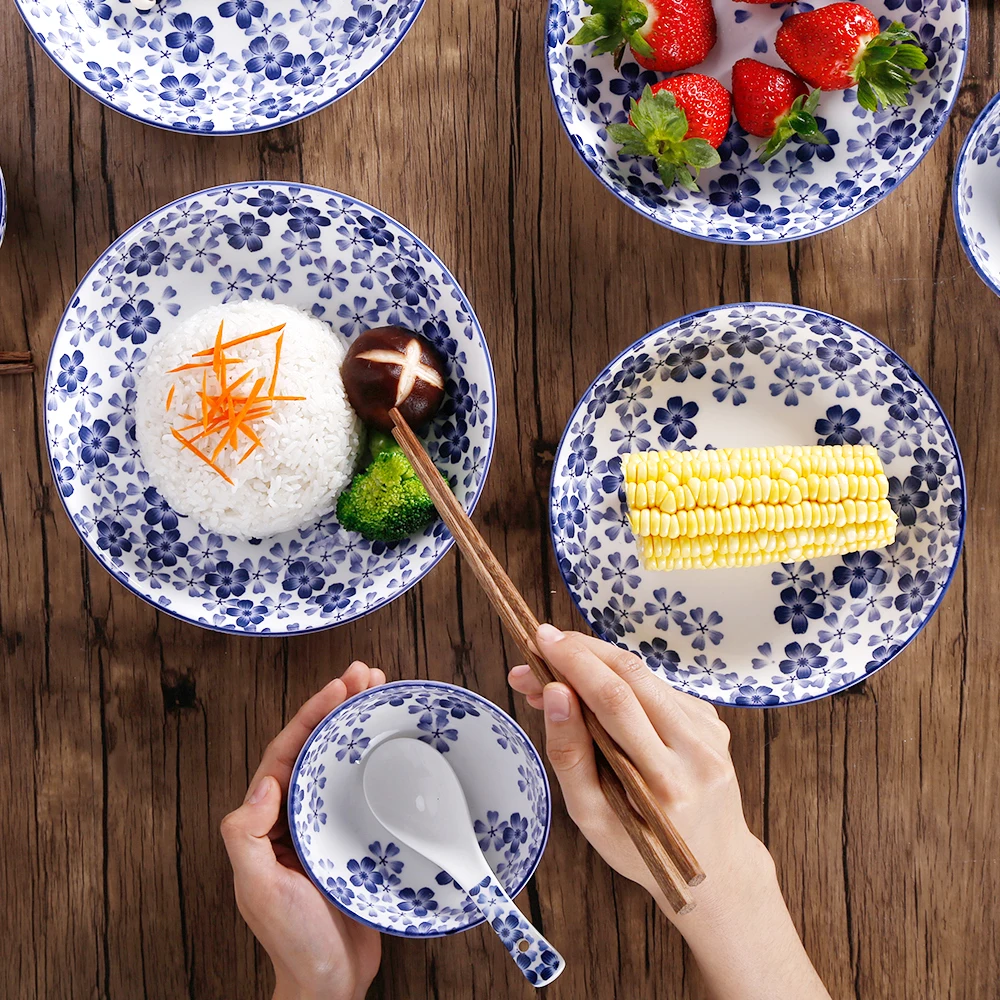 Высокое качество японский Стиль синий и белый Керамика фарфоровая посуда set