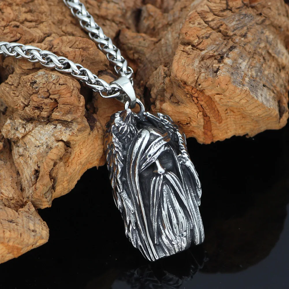 Nordic Viking amulet odin face wolf Geri and Freki Amulet Stainless Steel Necklace with Valknut Rune Gift Bag | Украшения и