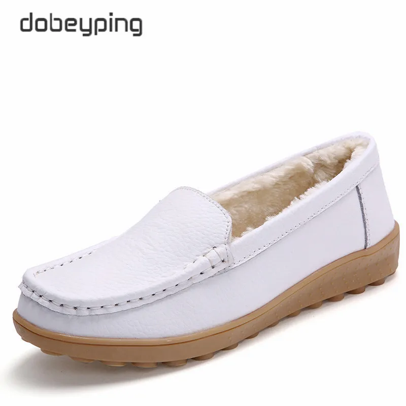 White Dobeyping/Женская обувь на плоской подошве из натуральной кожи; Новинка; зимние плюшевые водонепроницаемые мокасины; женские теплые лоферы; мокасины; хлопковая обувь для мам - Цвет: White