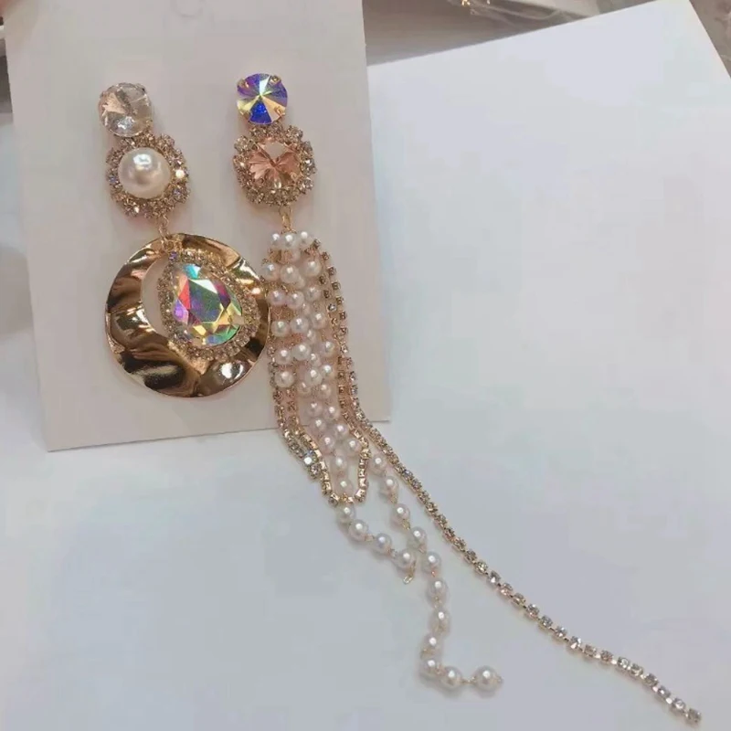 Корейские длинные висячие серьги для женщин, букле d'oreille femme, асимметричные серьги, Кристальные блестящие серьги Brincos с искусственным жемчугом
