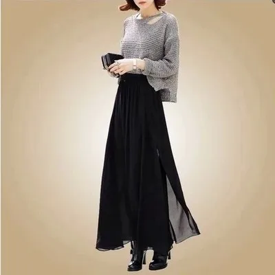 

Customize Spring summer double layer high waisted sexy chiffon split side slit fairy skirt slim pleated a line Long Hem skirts