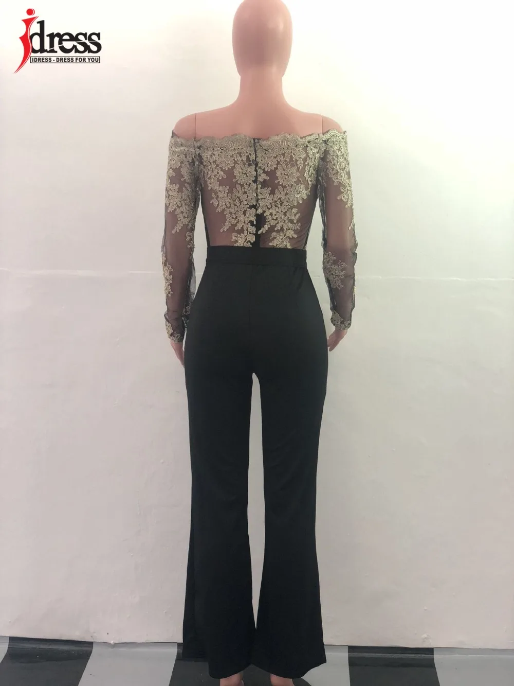 IDress Новинка весна осень женские сексуальные с длинным рукавом черные Золотые Кружева Slash шеи Пояса боди элегантный женский комбинезон