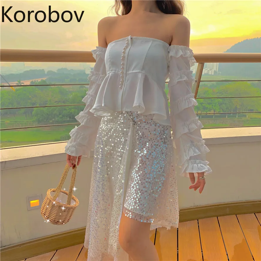 Korobov/новый комплект из 2 предметов: блузка с рукавами лепестками и жемчугом на