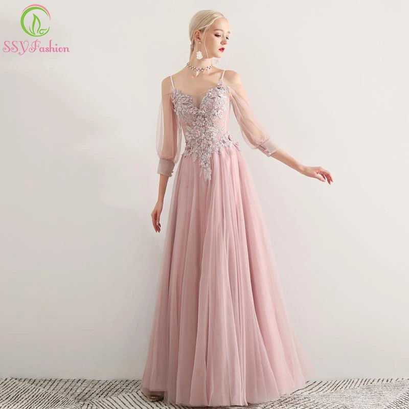 SSYFashion Новое Кружевное Вечернее Платье милое темно розовое 3/4 рукав длиной до пола