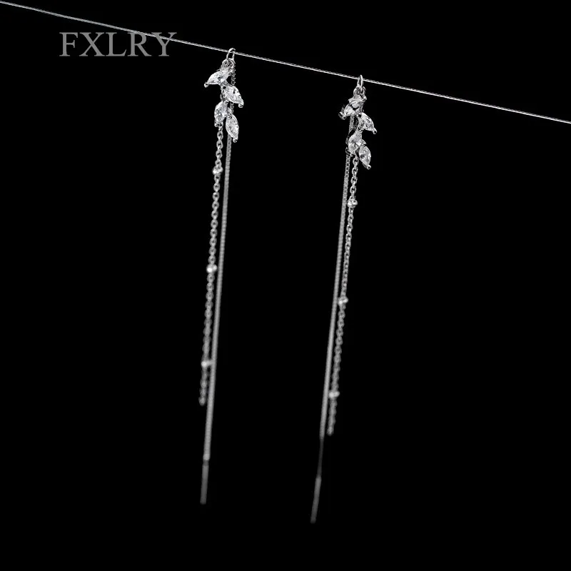 FXLRY элегантный S925 стерлингового серебра Белый Цвет микро-цепочки из кубического циркония Циркон ветвь лист нити серьги-подвески ювелирные изделия