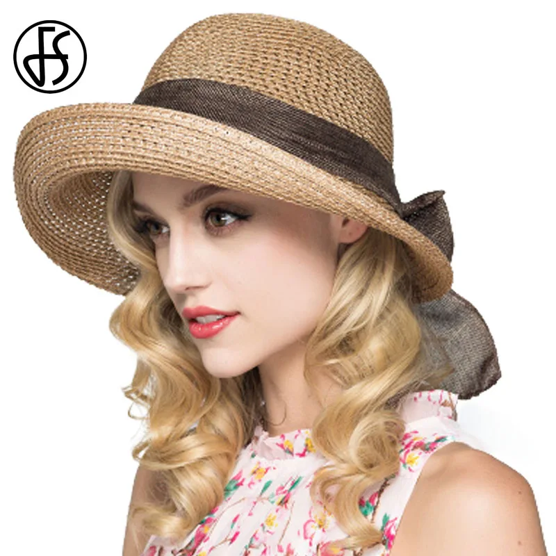 Light Brown StrawHat Женская пляжная соломенная шляпка FS, складывающаяся шляпа от солнца с широкими свисающими полями, светло-коричневая, летняя - Цвет: Light Brown StrawHat