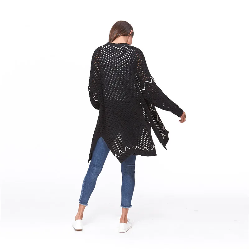 Elegant Side Slit Knitting Long Cardigan Women Sweater Sleeve Jumper Autumn Oversized Loose Female Hollow Out Jersey Coat |