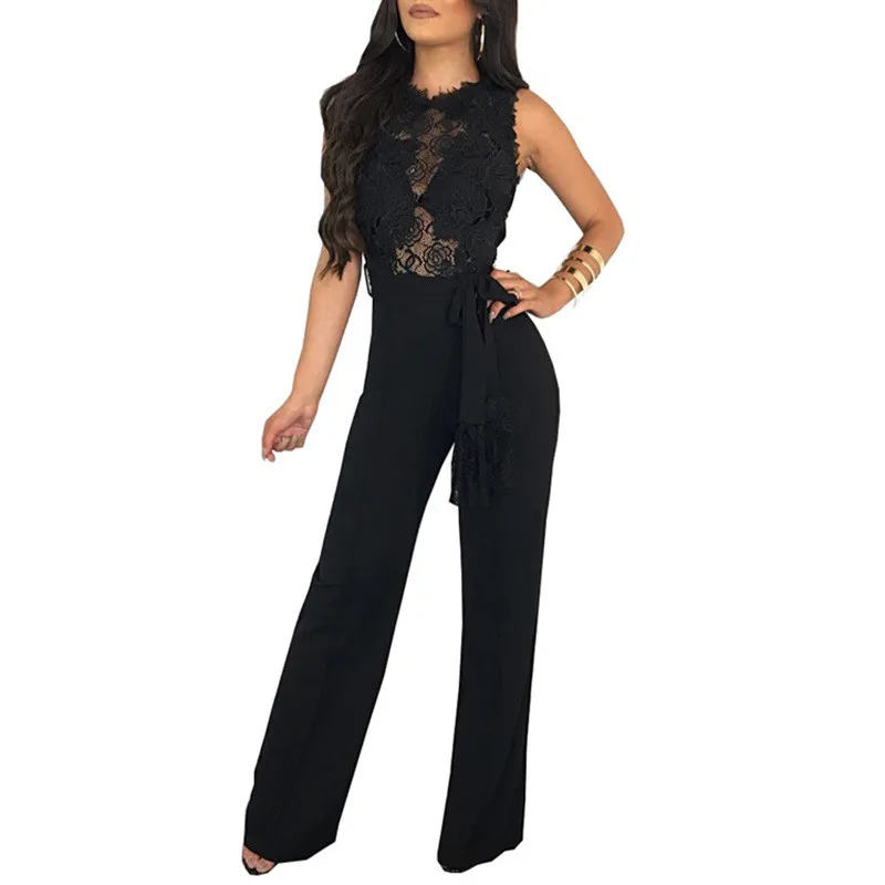 Adogirl Sexy Sheer Lace Applique Casual Jumpsuit Solid Black White Red Sleeveless Romper with Belt Women Wide Leg Pants Overalls