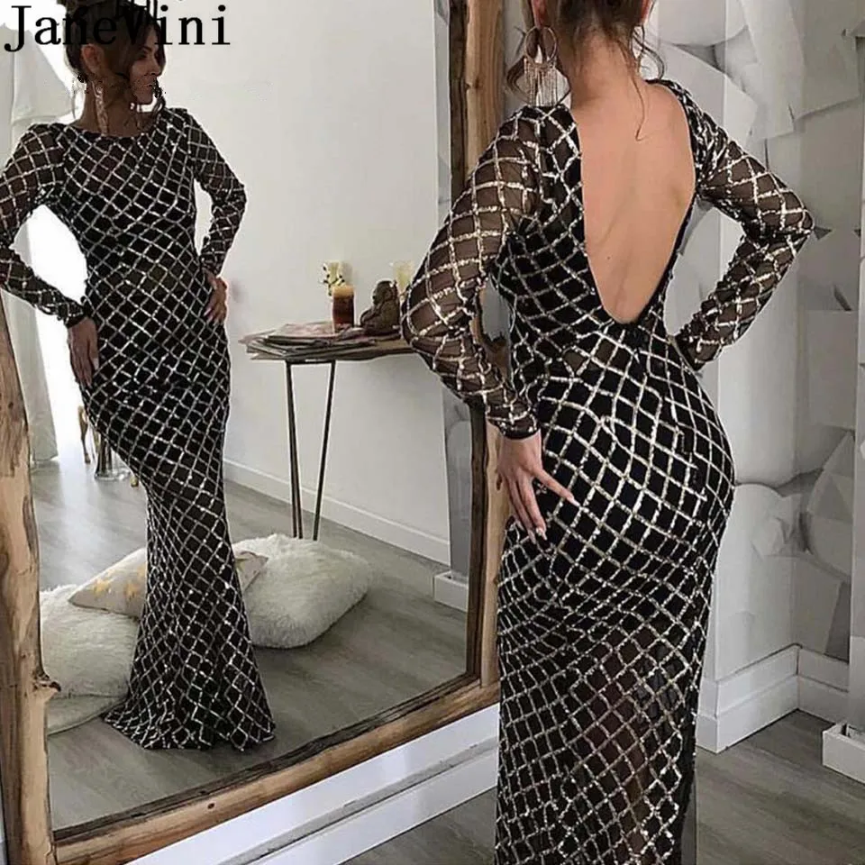 

JaneVini Sparkly Sequin Arabic Dress Evening Gown Long Sleeve Mermaid Black Gold Ladies Mother of the Bride Dresses Lange Jurk