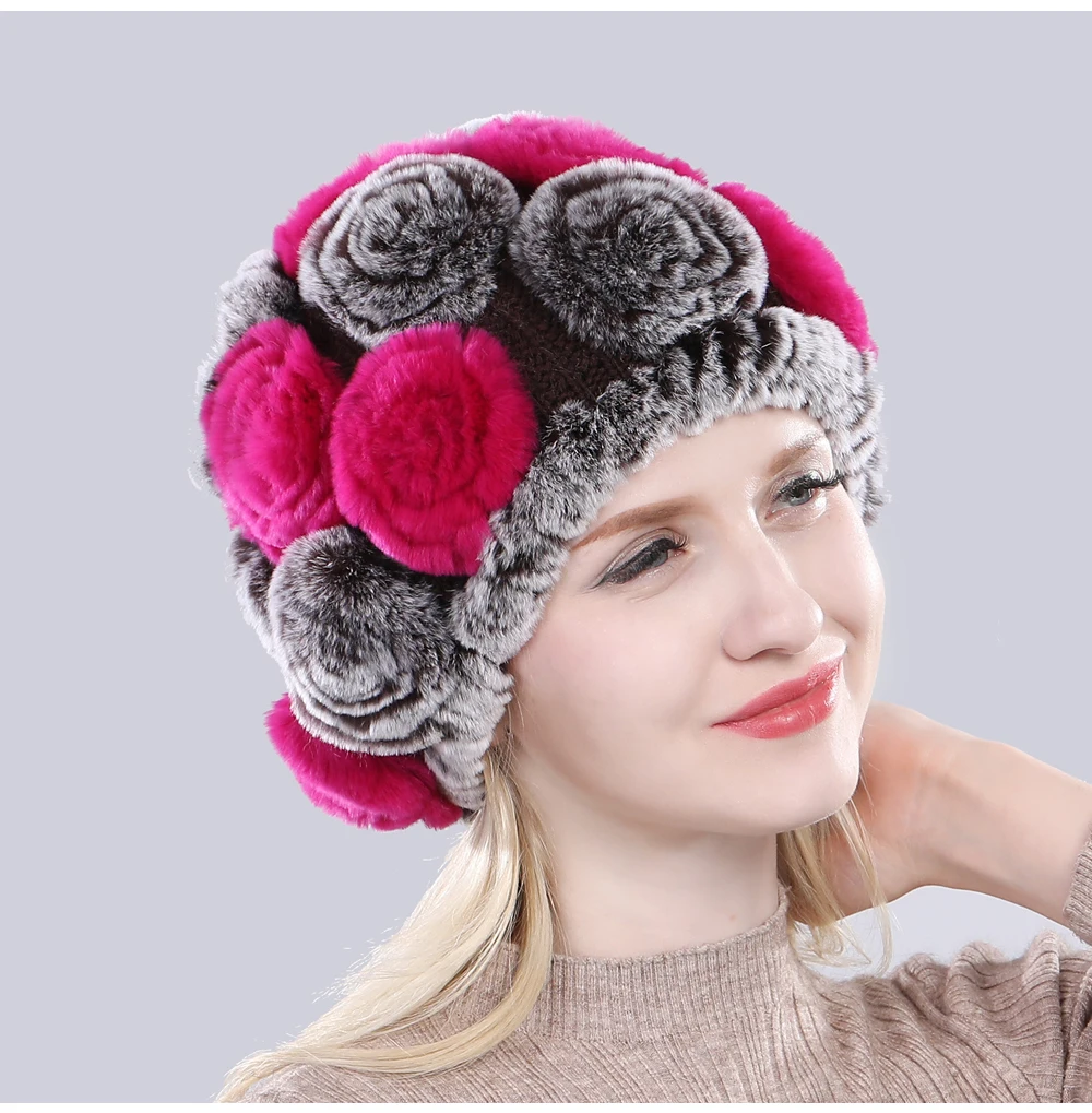 Новая Женская эластичная шапка с цветами, настоящий мех кролика, зимняя вязаная Цветочная шапка из натурального меха, женские пушистые шапки из натурального меха