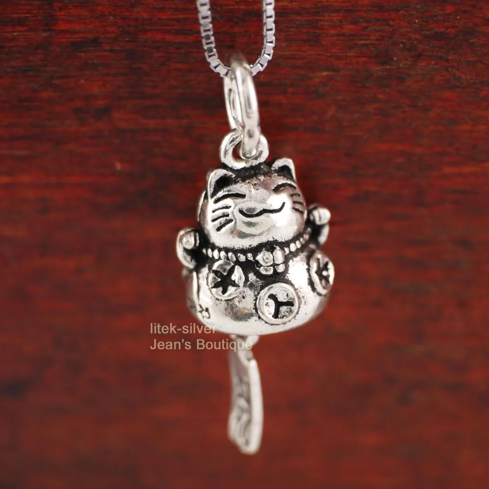 S92 цельная Подвеска из стерлингового серебра с котом Maneki neko маленький размер