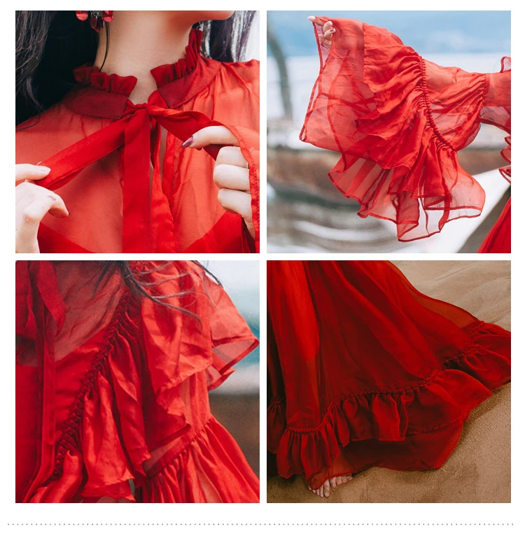 Высококачественное Красное Платье макси с воротником стойкой и расклешенными