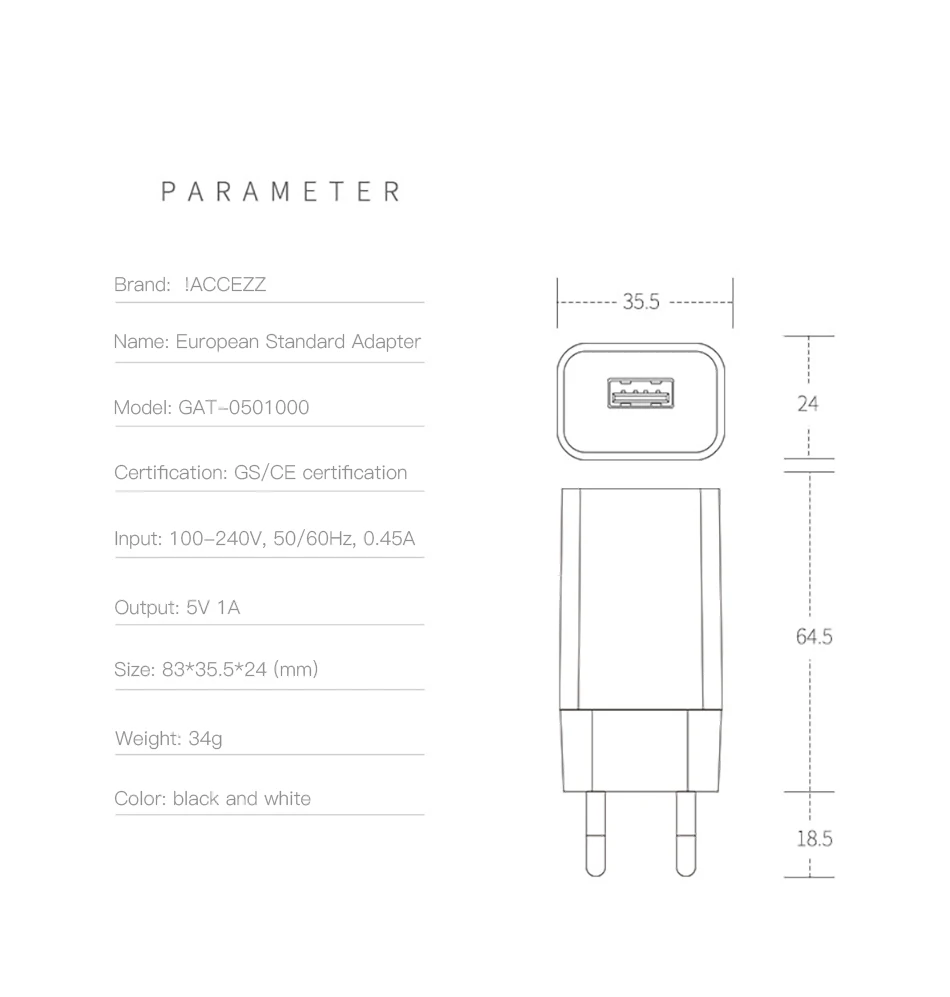 ACCEZZ Зарядное устройство USB для телефона с европейской вилкой 5В 1А Универсальное зарядное устройство для iphone 8 настенное зарядное устройство адаптер для samsung Xiaomi huawei LG зарядка