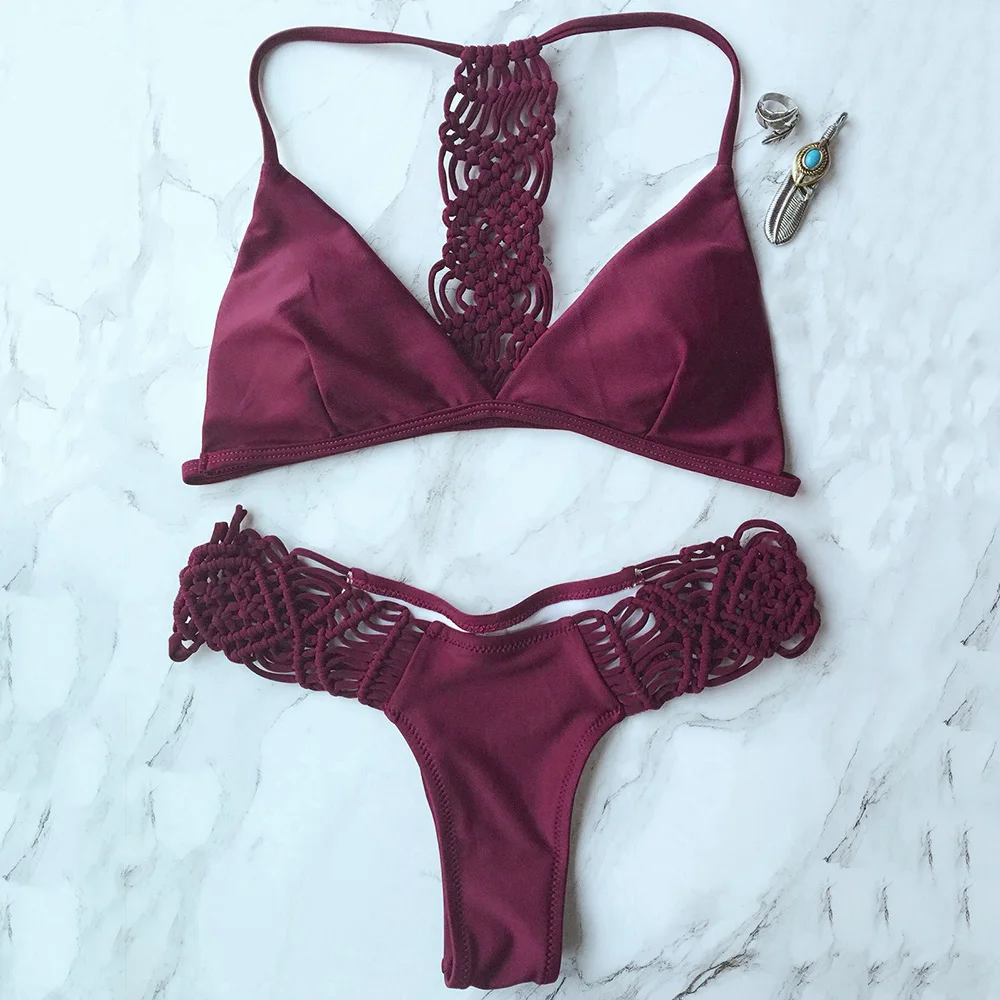 ZAFUL Cami Strappy вязаный комплект бикини средняя талия без косточек Одноцветный
