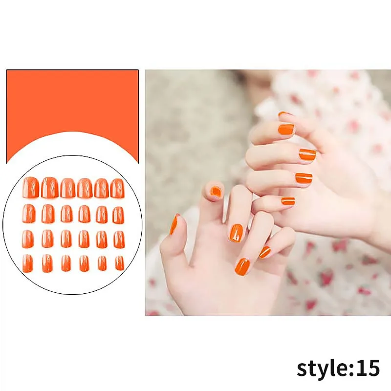 Style 15 Полное покрытие ногтей советы с клеем для женщин Классическая квадратная голова матовая поддельные ногти для девушек яркие цвета короткий размер дизайн накладные ногти - Цвет: Style 15
