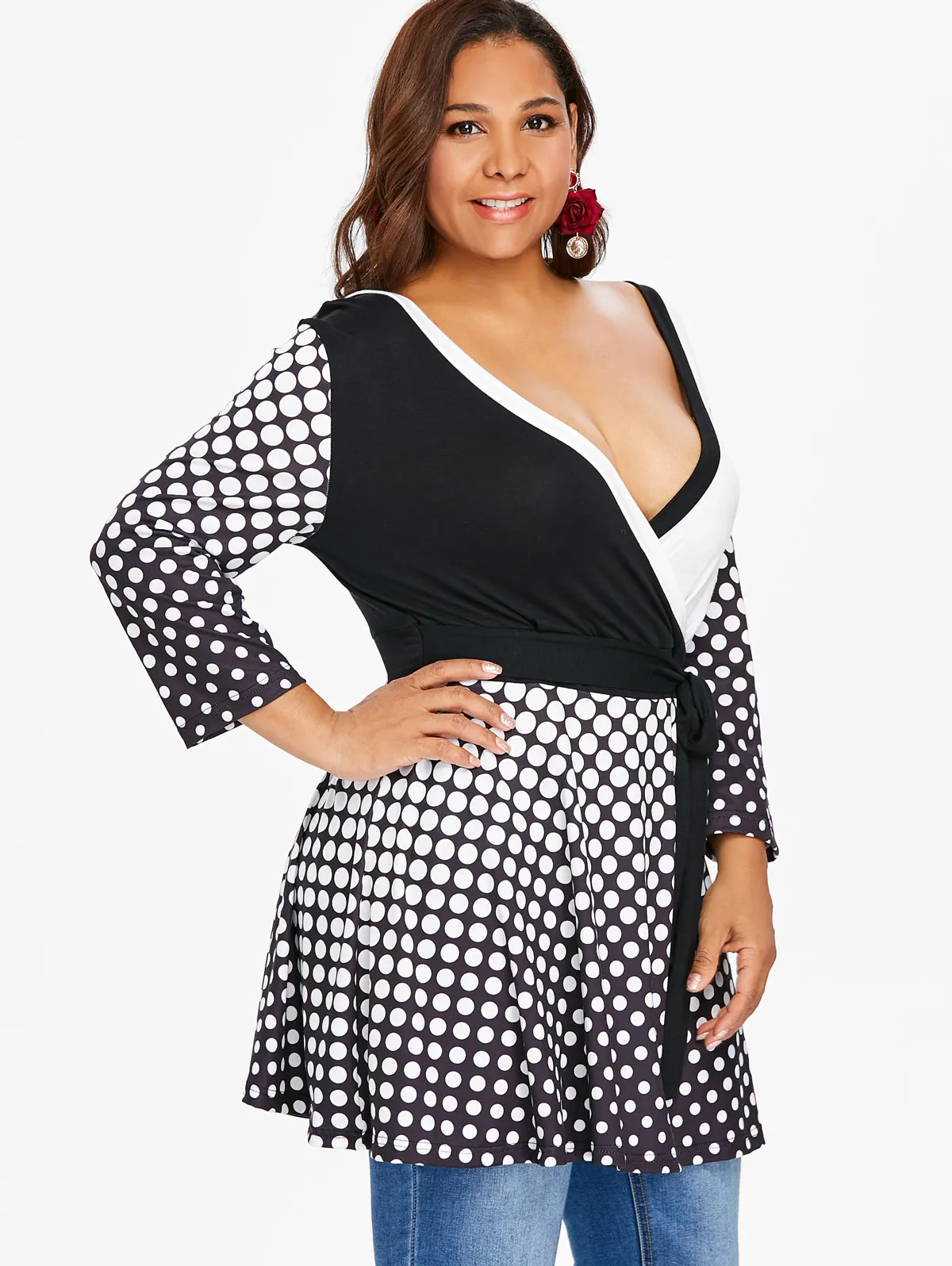 Wipalo Plus Size 5XL Long Sleeve Peplum T-Shirt Polka Dot Open Back Tunic Deep V Neck Surplice Tee Big Women Tops | Женская одежда