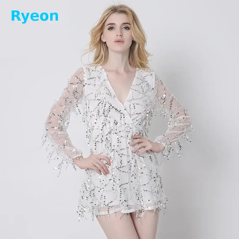 Ryeon 2017 Блестками Женщины Туника Платья Sexy прозрачный Сетки Ткань Вышивки