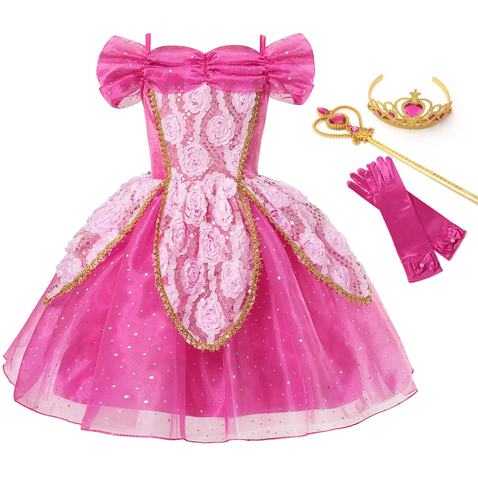 Aurora Dress Set Платье принцессы для девочек, детские костюмы, косплей, Белль Аврора, Золушка, жасмин, мультяшная Красавица и чудовище, модные летние платья - Цвет: Aurora Dress Set