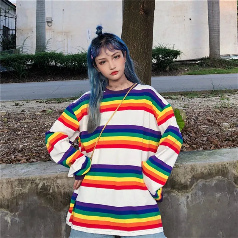 photo color Neploe Корейская Harajuku Радужная полосатая футболка с длинным рукавом Женская Весенняя Футболка женская повседневная одежда 36602 - Цвет: photo color