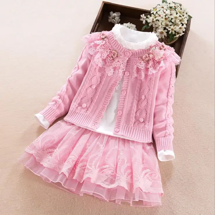 European and American autumn new 2019 Parent-child outfit Knitted sweater + embroidered T-shirt skirts Girl's three-piece | Мать и