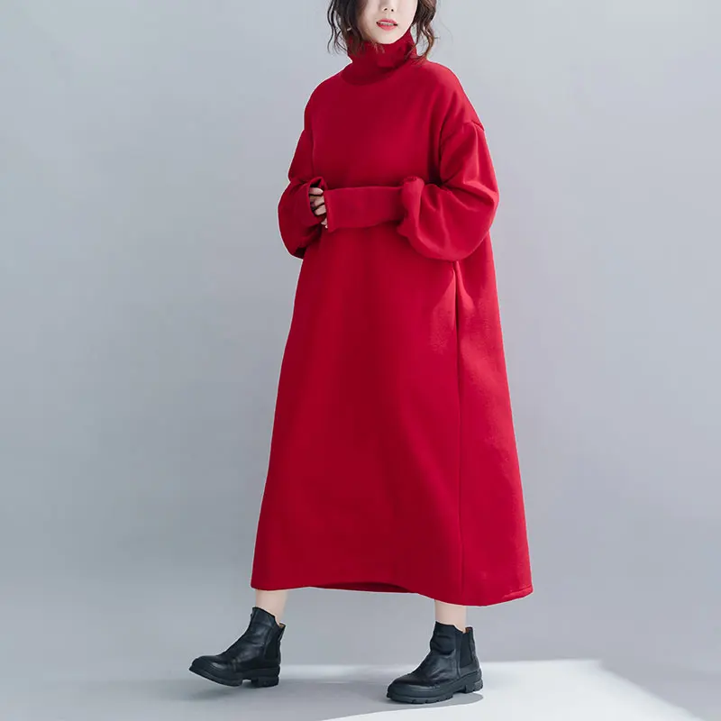 Oladivi Plus Size Women Velvet Hoodies& Sweatshirt Ladies Turtleneck Warm Coat Female Winter Long Top Tunic Vestidios Red Black