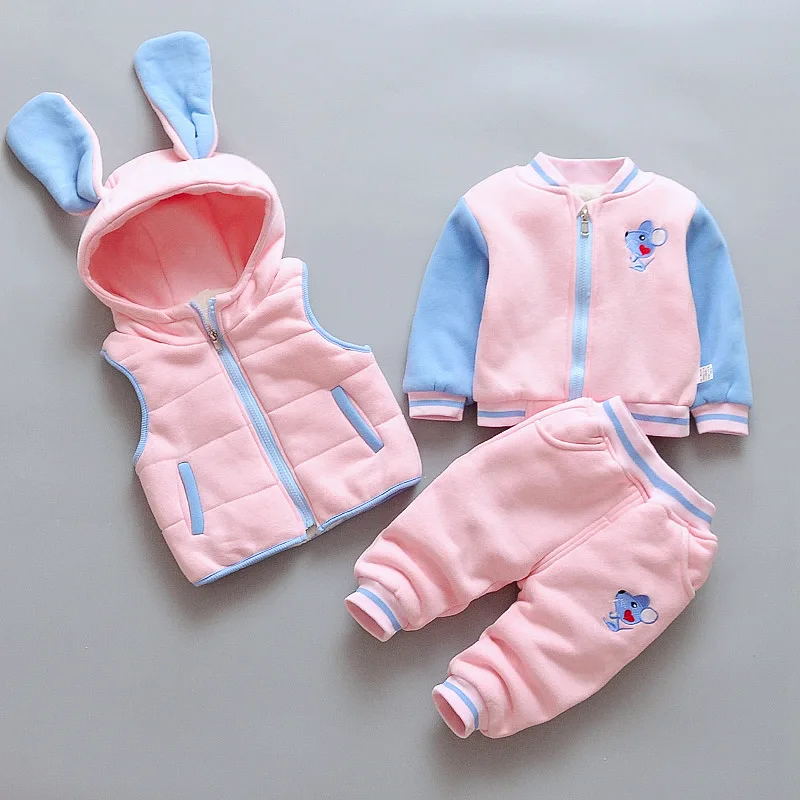 

Baby Girls Clothes Children Autumn Winter Girls Plus Velvet Clothing Set Three Pieces Set 1-4years Baby Thickened Clothes Jacket