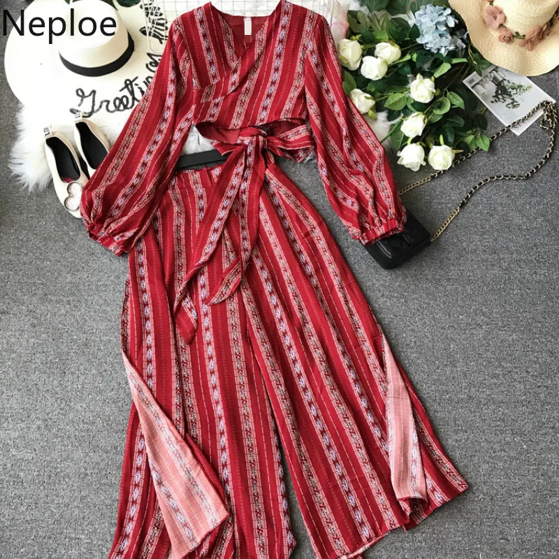 Neploe Bohemian Print Women Two Piece Set V-Neck Long Sleeve Shirts+Zipper Fly High Waist Full Pants Fashion Suits 44776 |