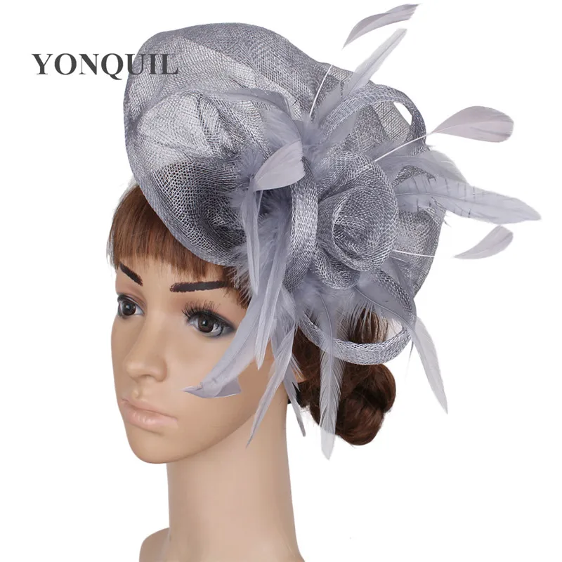 

Grey Sinamay Fascinator Feather Headwear Colorful Church Show Hair Accessories Millinery Cocktail Hats Classical Color MYQ086
