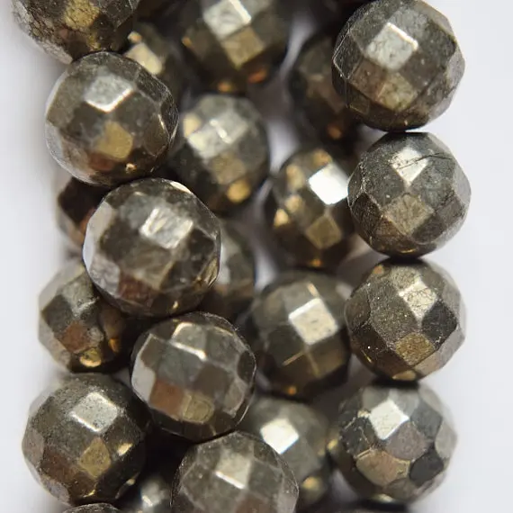 Genuine Faceted Pyrite Beads - 10 mm Gemstone Full Strand 16&quot 39 beads A-Quality | Jewelry Findings &amp Components