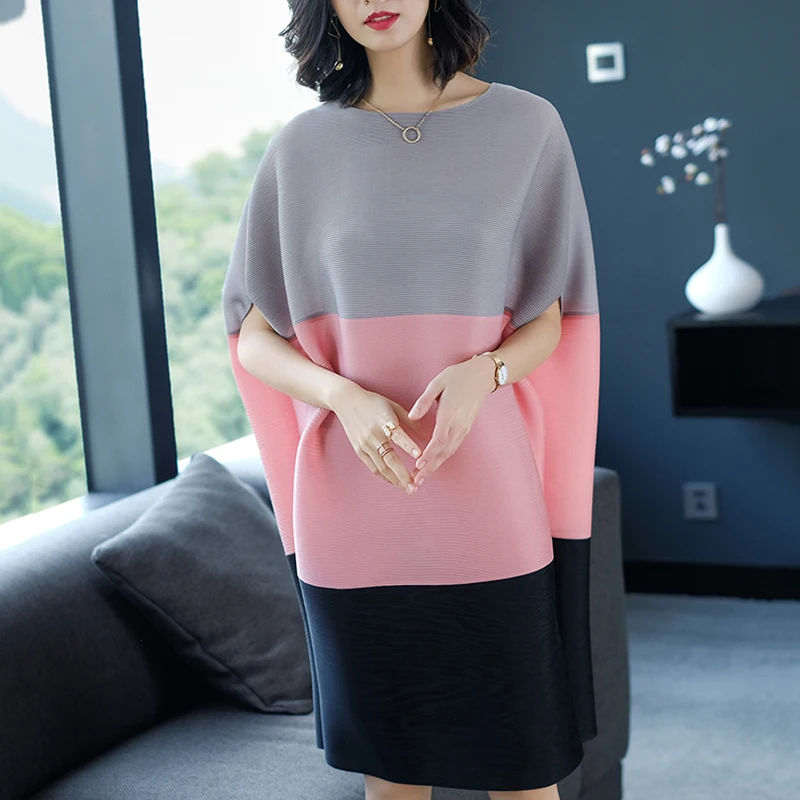 Grey Pink LANMREM Новое модное женское летнее короткое плиссированное платье с рукавами «летучая мышь» и круглым вырезом, повседневные свободные платья больших размеров NA947 - Цвет: Grey Pink