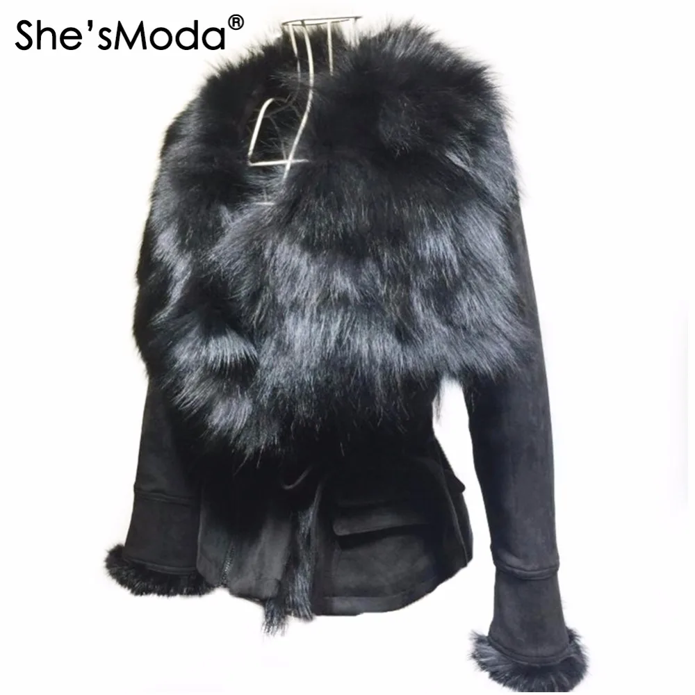 She'sModa роскошный замшевый натуральный Лисий меховой воротник пояса тонкий женский зимний панк пальто куртка