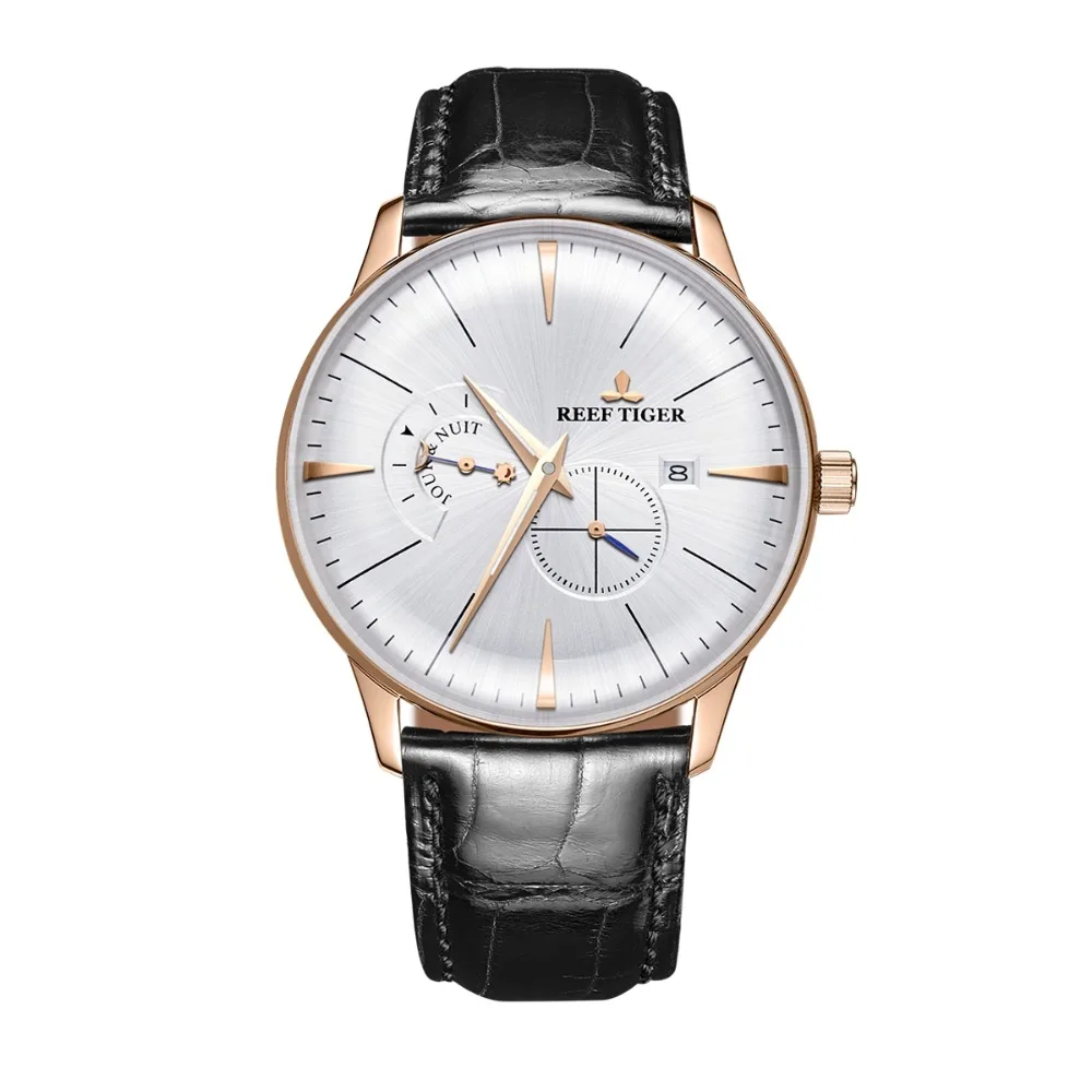 Reef Tiger Classic Serier RGA8219 мужские модные бизнес ультра тонкий корпус автоматические механические наручные часы с дневным ночным циферблатом золото