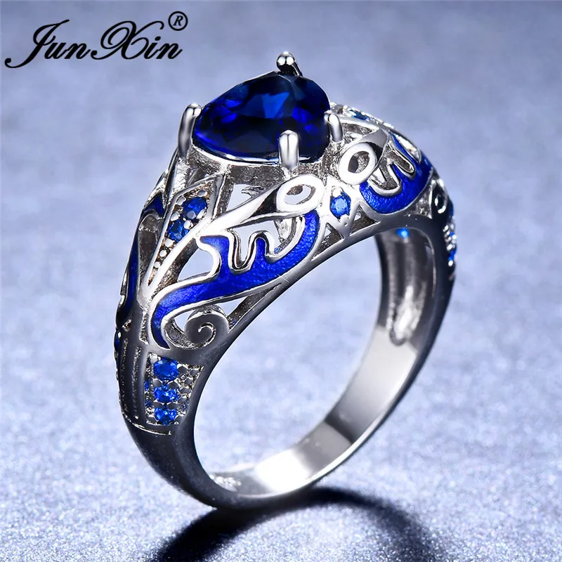 JUNXIN Boho кольца с голубым эмалью в форме сердца для мужчин и женщин, 925 пробы с серебряным кристаллом, aaa цирконием, обручальное кольцо для мужчин и женщин