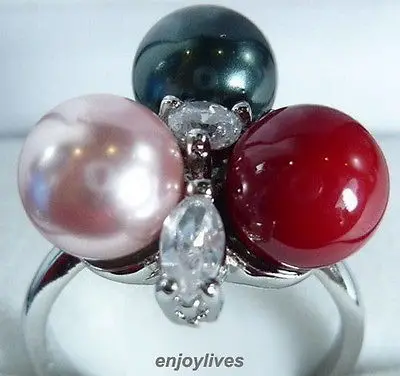 

Black Pink South Sea Shell Pearl & Red Coral Crystal Ring Size: 6.7. 8. 9