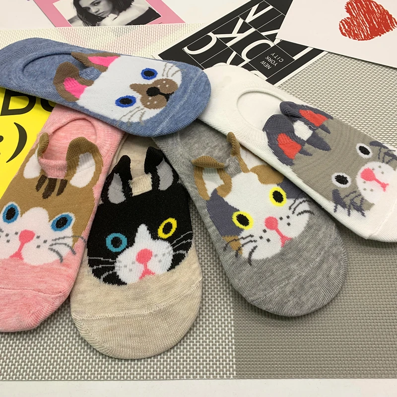 Модные милые хлопковые носки с животными женские летние короткие милым котом и