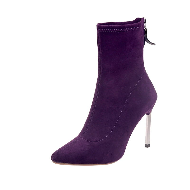 Purple-Stiletto heel Aphixta/Сапоги на шпильке; женская обувь; женские сапоги из эластичной ткани на молнии; сапоги до середины икры с острым носком; эластичные высокие сапоги на тонком высоком каблуке - Цвет: Purple-Stiletto heel