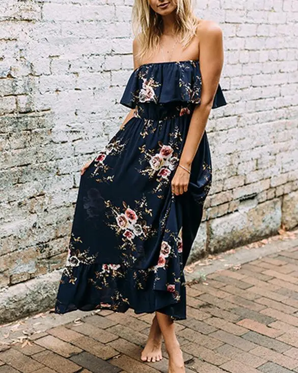 Женское длинное платье с открытыми плечами и рюшами летнее цветочным принтом в
