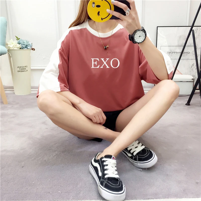Ulzzang футболка женские летние топы 2019 экзо короткий рукав Футболка Женская Harajuku