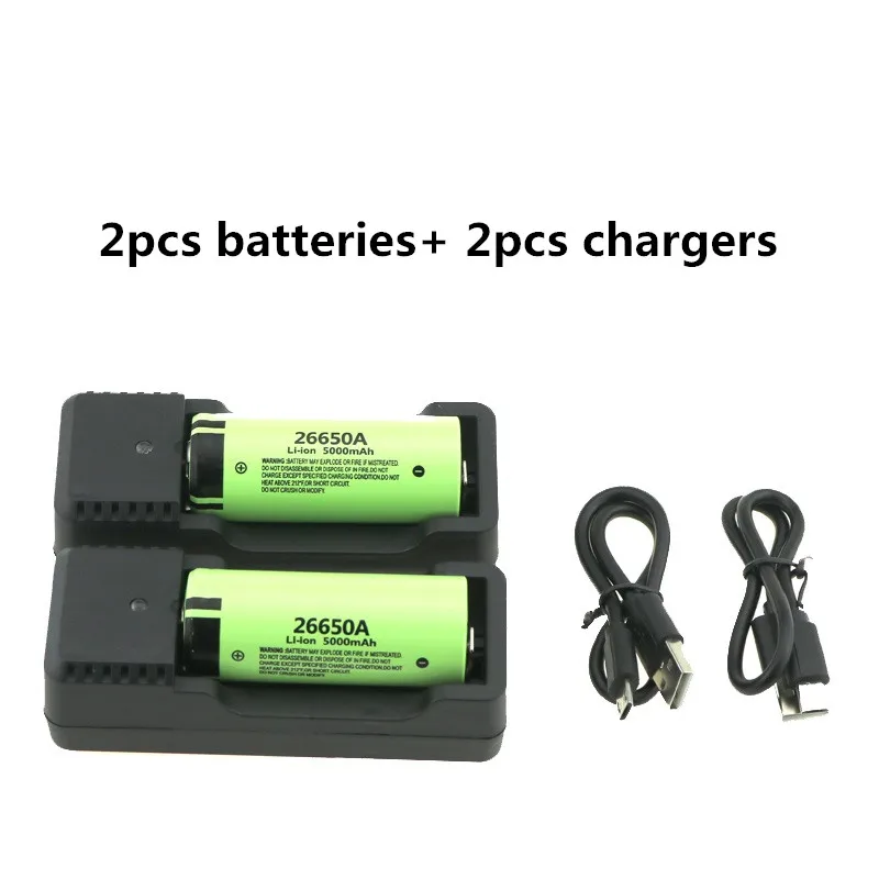 2 battery 2 charger 26650A литий-ионный аккумулятор 5000 мАч перезаряжаемый аккумулятор 3,7 в 26650 литий-ионный аккумулятор Номинальный ток разряда Макс 20A батареи Универсальное зарядное устройство - Цвет: 2 battery 2 charger
