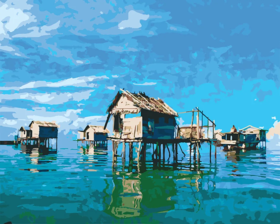 Морской шале. Картина по номерам для декора стены. Холст, кисти, краски, акриловое ремесло.