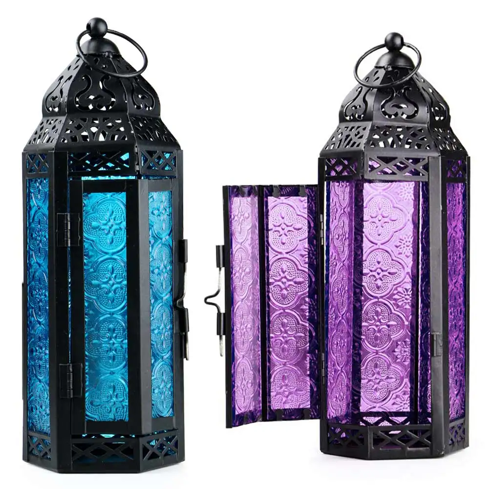 

1pc Exotic Delight Moroccan Glass Metal Lantern Garden Candle Holder Table/Hanging Lantern For parties and weddings blue/ purple