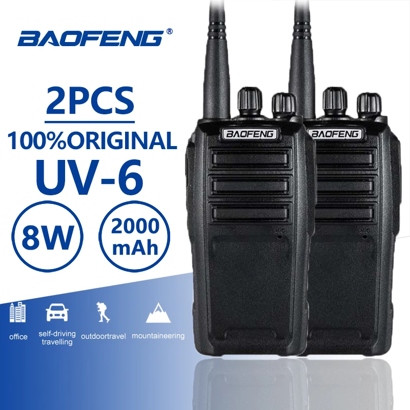 2pcs Baofeng UV-6 Walkie Talkie 8w 2000mAh 128 CH UHF VHF Dual Band Two Way Radio Woki Toki 10 KM Police Equipment Radio Amador