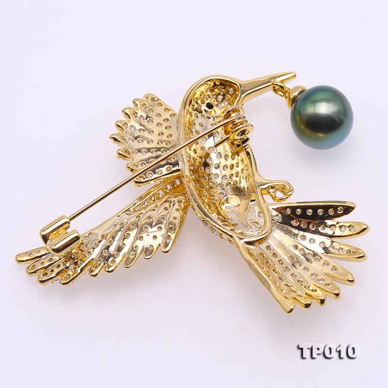 JYX Luxurious Flying bird Brooch 10mm Peacock-green Tahitian Pearl brooches natural 9mm Tahiti Pendant new year gift pin women | Украшения