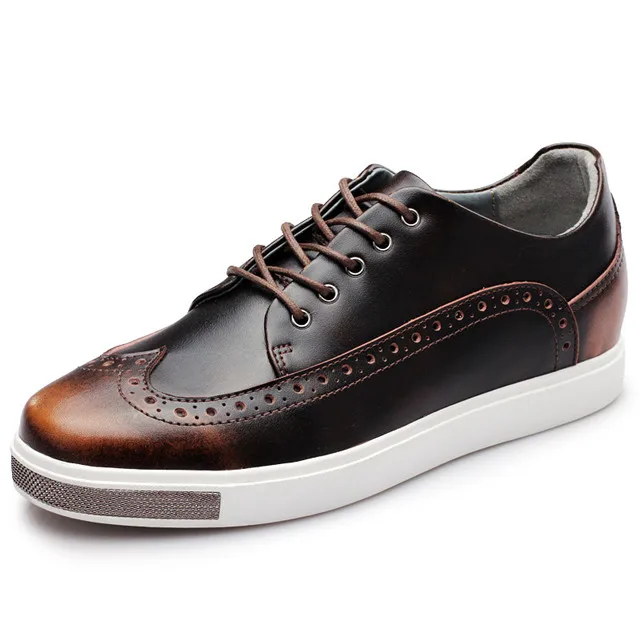 Coffee Leather Shoes Merkmak/Повседневная кожаная мужская обувь дизайн увеличивающий рост 6 см на шнуровке комфортные классические туфли Мужская официальная мягкая обувь на плоской подошве - Цвет: Coffee Leather Shoes